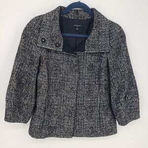Ann Taylor Plaid Wool Blend Cropped Blazer Jacket 3/4 Sleeve Women XS Black